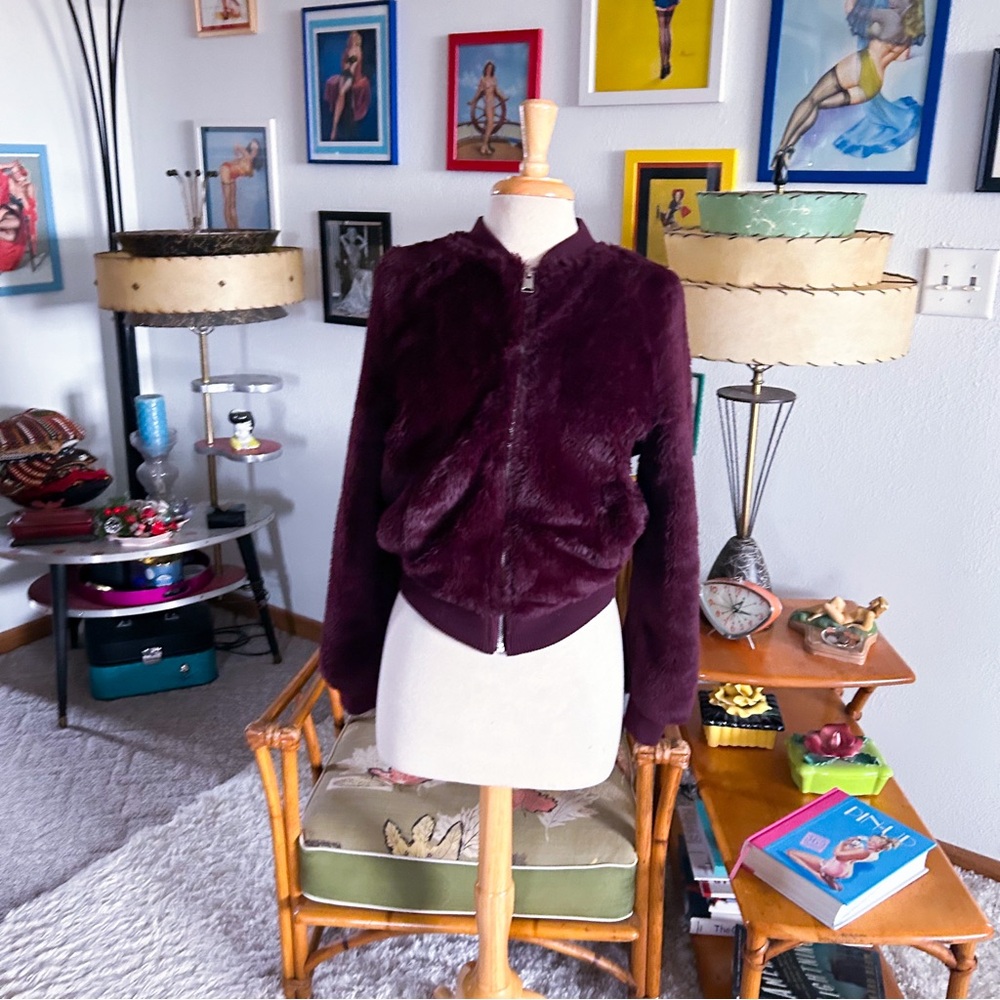 Retro Teddy Jacket Faux Fur Bomber M L Burgundy Wine Love Tree 40s Style